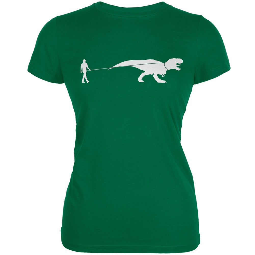 Jurassic - Dinosaur T-Rex On A Leash Kelly Green Juniors Soft T-Shirt Juniors T-Shirts Old Glory SM  