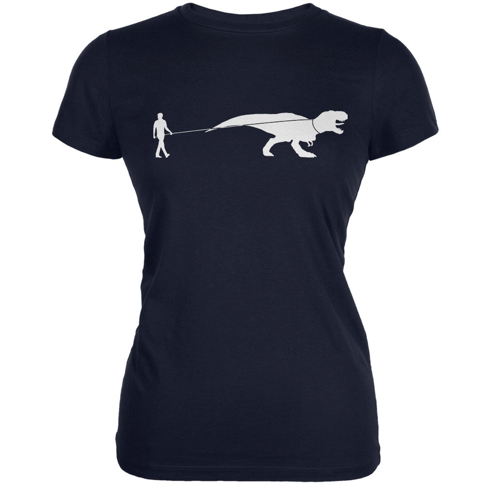 Jurassic - Dinosaur T-Rex On A Leash Navy Juniors Soft T-Shirt Juniors T-Shirts Old Glory 2XL Blue 