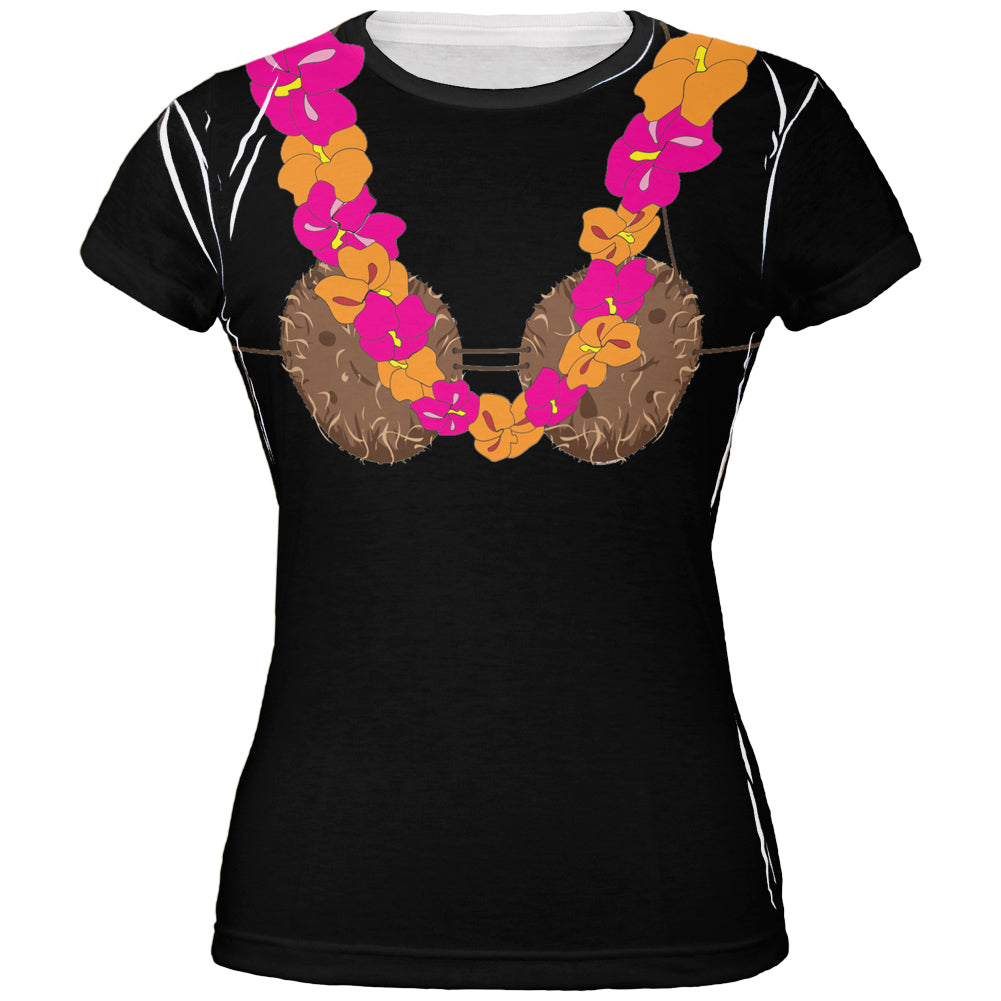 Coconut Bra Pink Lei Black Juniors V-Neck T-Shirt Juniors Tank Tops Old Glory LG Black 