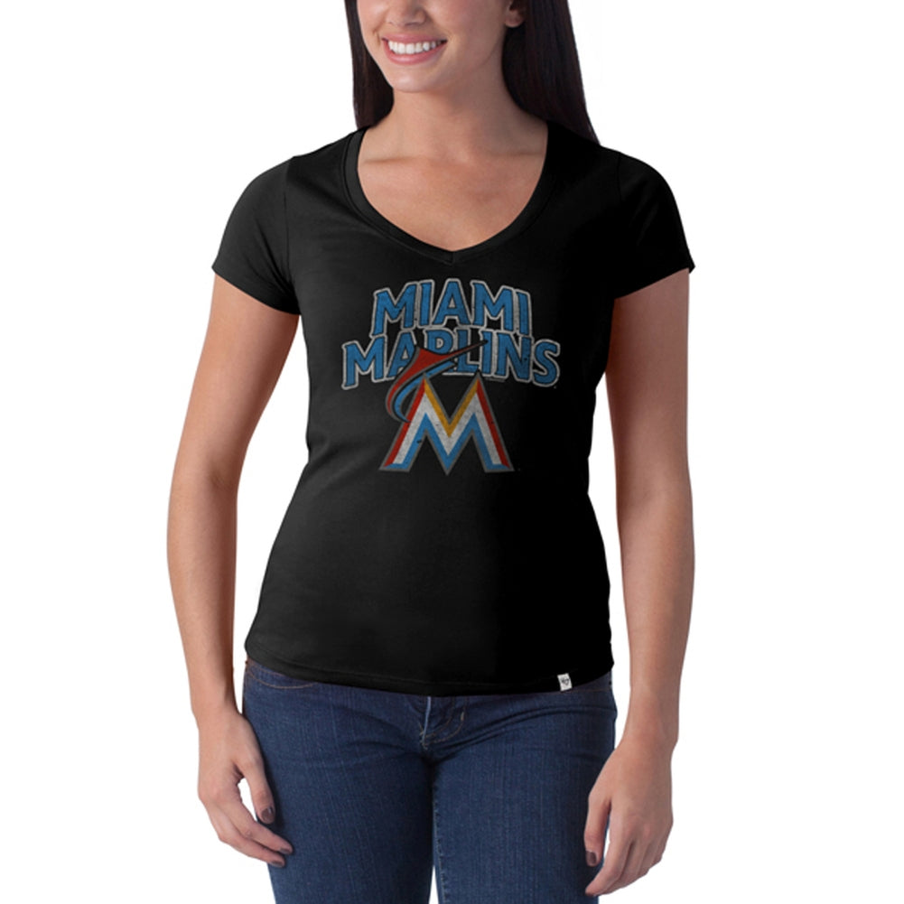 Miami Marlins -Stacked Logo Flanker Black Juniors Premium V-Neck T-Shirt Juniors T-Shirts Miami Marlins LG Black 