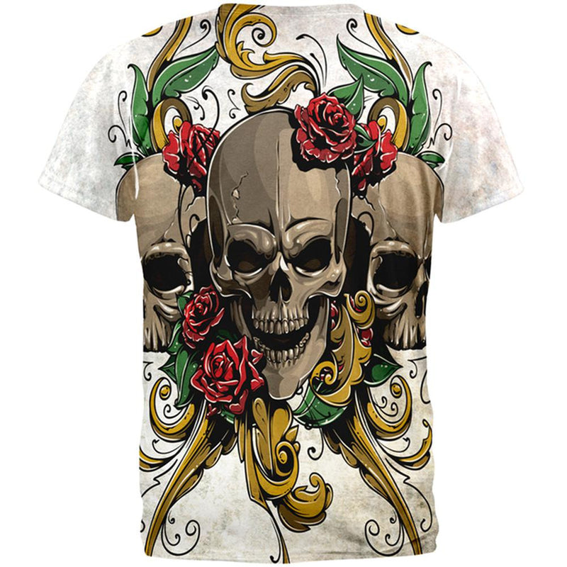 Skulls and Roses Metal Tattoo All Over Adult T-Shirt Men's T-Shirts Old Glory   