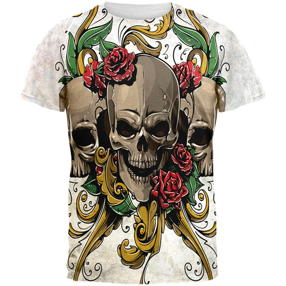 Skulls and Roses Metal Tattoo All Over Adult T-Shirt Men's T-Shirts Old Glory 2XL Multi 