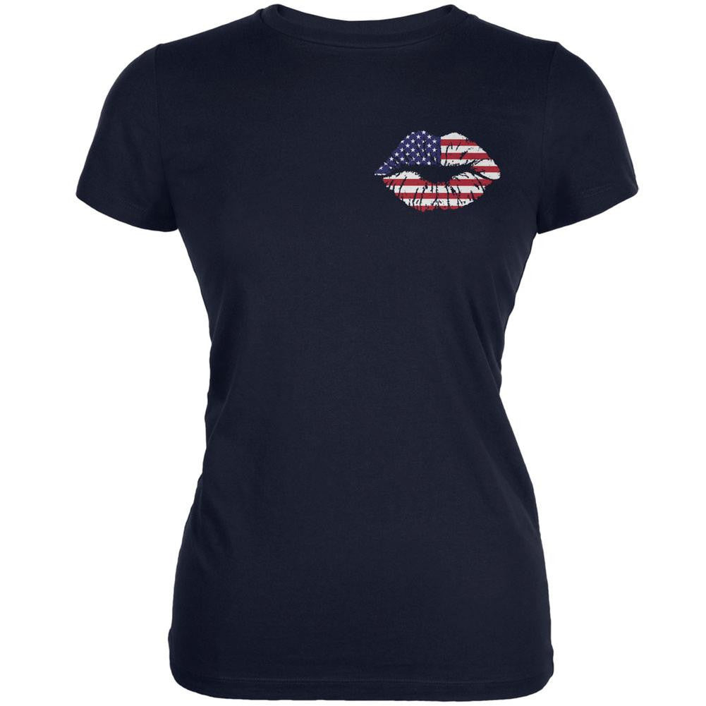 4th of July American Flag Kiss Lips Navy Juniors Soft T-Shirt Juniors T-Shirts Old Glory SM Blue 