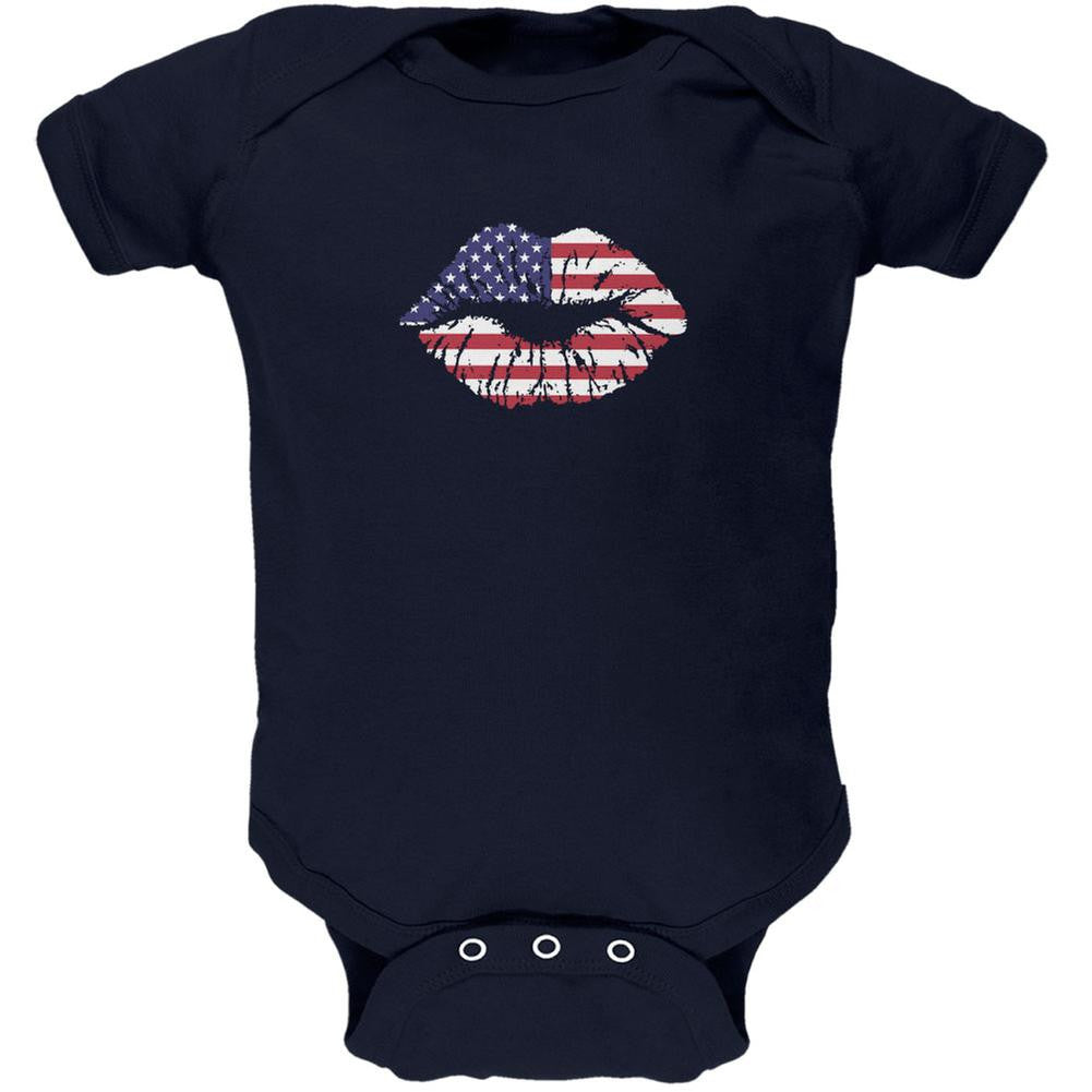 4th of July American Flag Kiss Lips Navy Soft Baby One Piece Baby One Piece Old Glory 0-3M Blue 