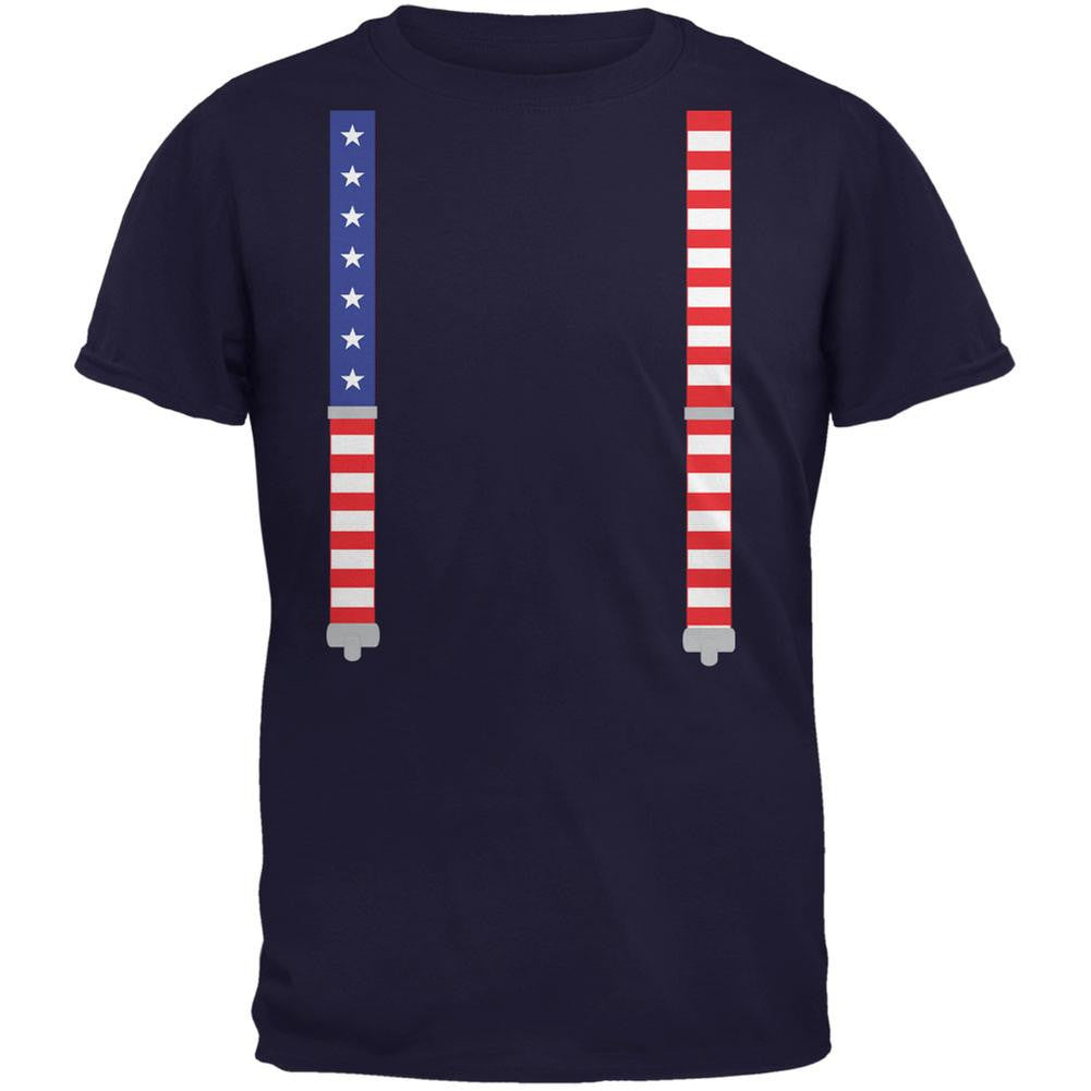 4th of July American Flag Suspenders Navy Adult T-Shirt Men's T-Shirts Old Glory 2XL Blue 