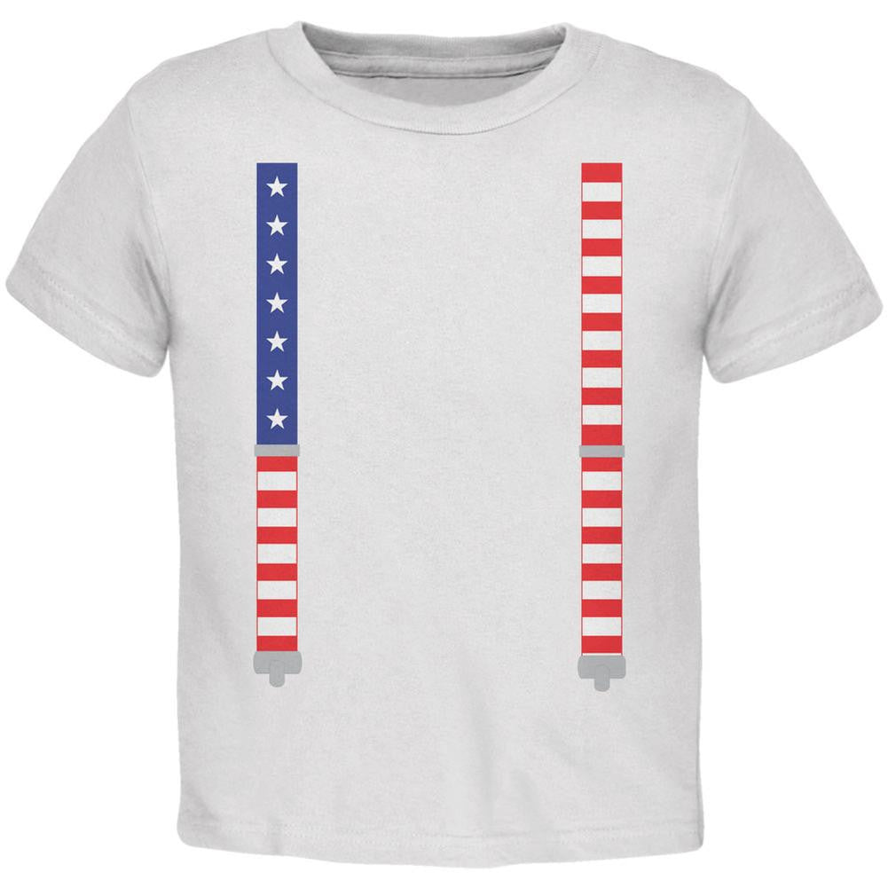 4th of July American Flag Suspenders White Toddler T-Shirt Toddler T-Shirts Old Glory 2T White 