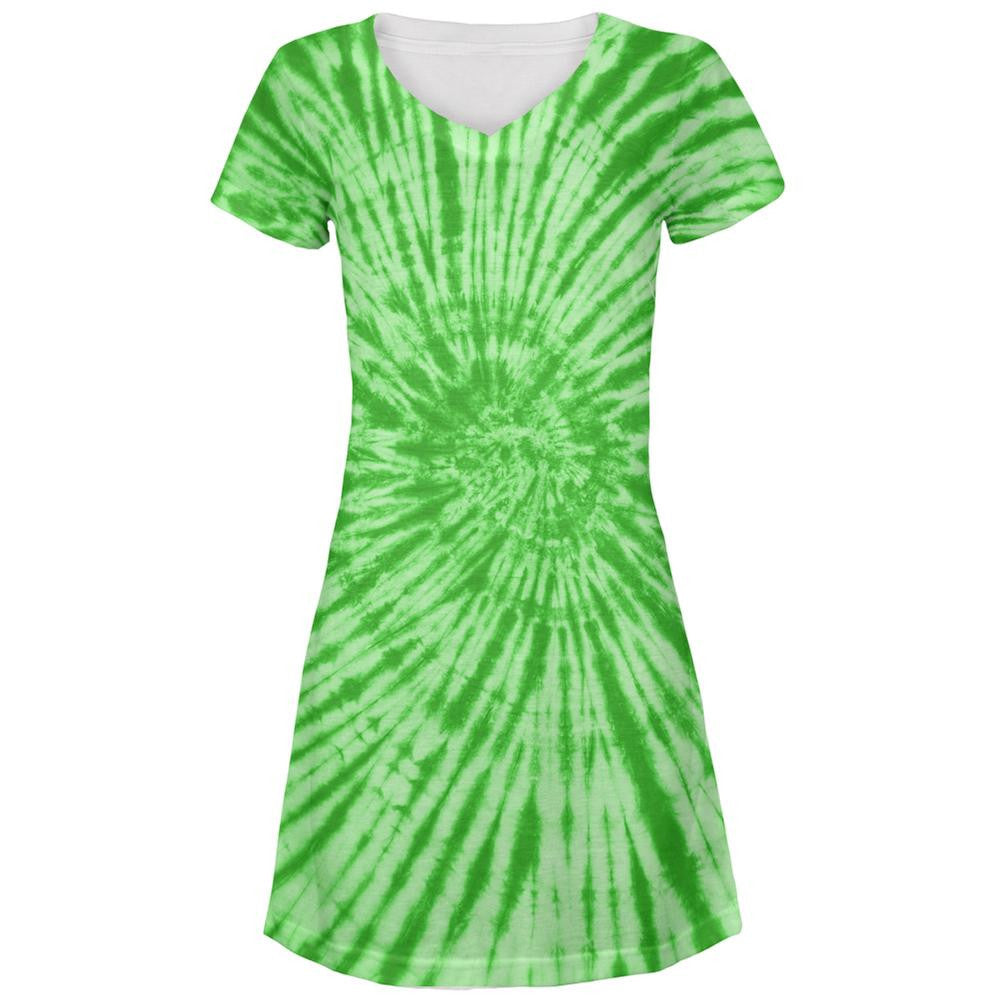 Green Tie Dye All Over Juniors V-Neck Dress Juniors Dresses Old Glory LG Multi 