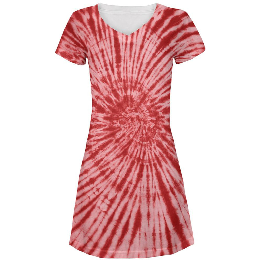 Red Tie Dye All Over Juniors V-Neck Dress Juniors Dresses Old Glory LG Multi 