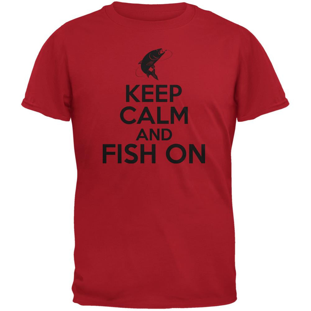 Keep Calm Fish On Red Adult T-Shirt Men's T-Shirts Old Glory 2XL Red 
