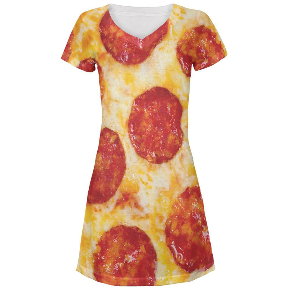 Pepperoni Pizza All Over Juniors V-Neck Dress Juniors Dresses Old Glory LG Multi 