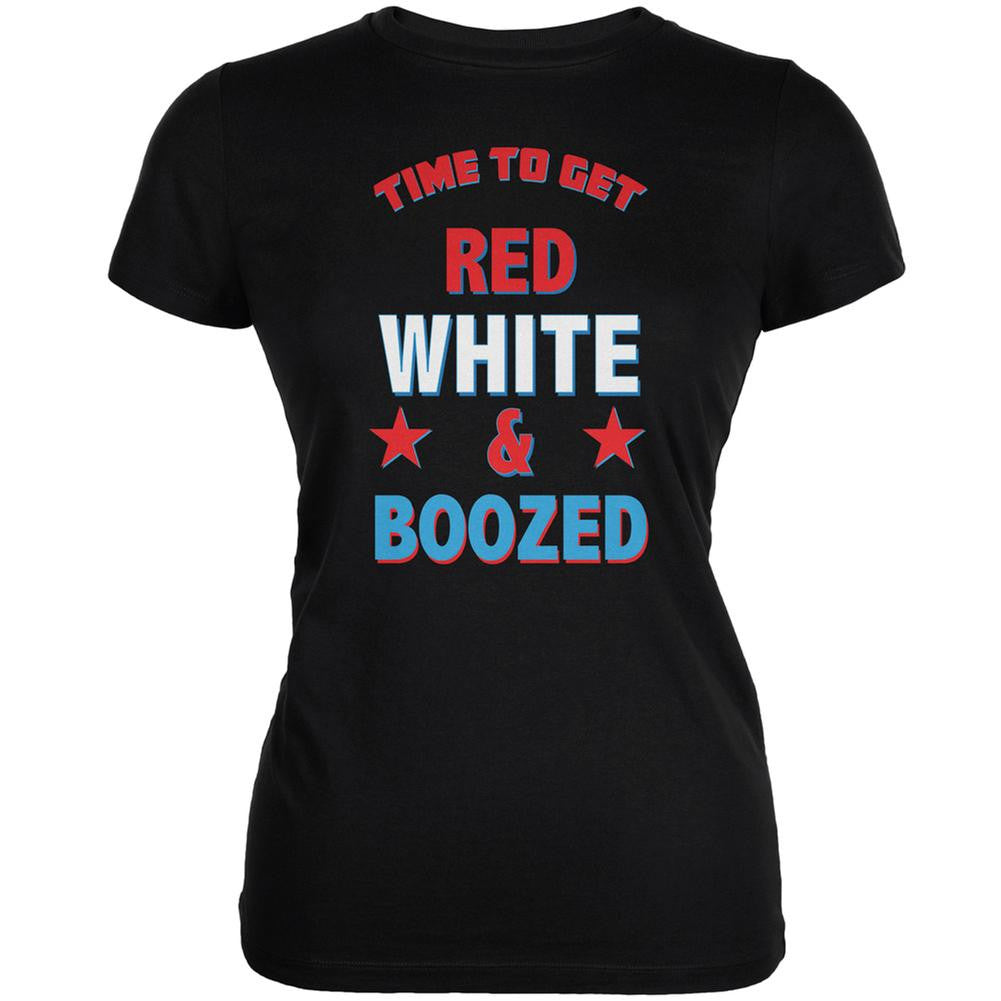 4th Of July Red White and Boozed Black Juniors Soft T-Shirt Juniors T-Shirts Old Glory SM Black 