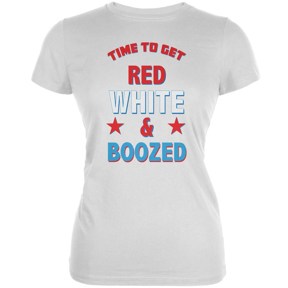 4th Of July Red White and Boozed White Juniors Soft T-Shirt Juniors T-Shirts Old Glory SM White 