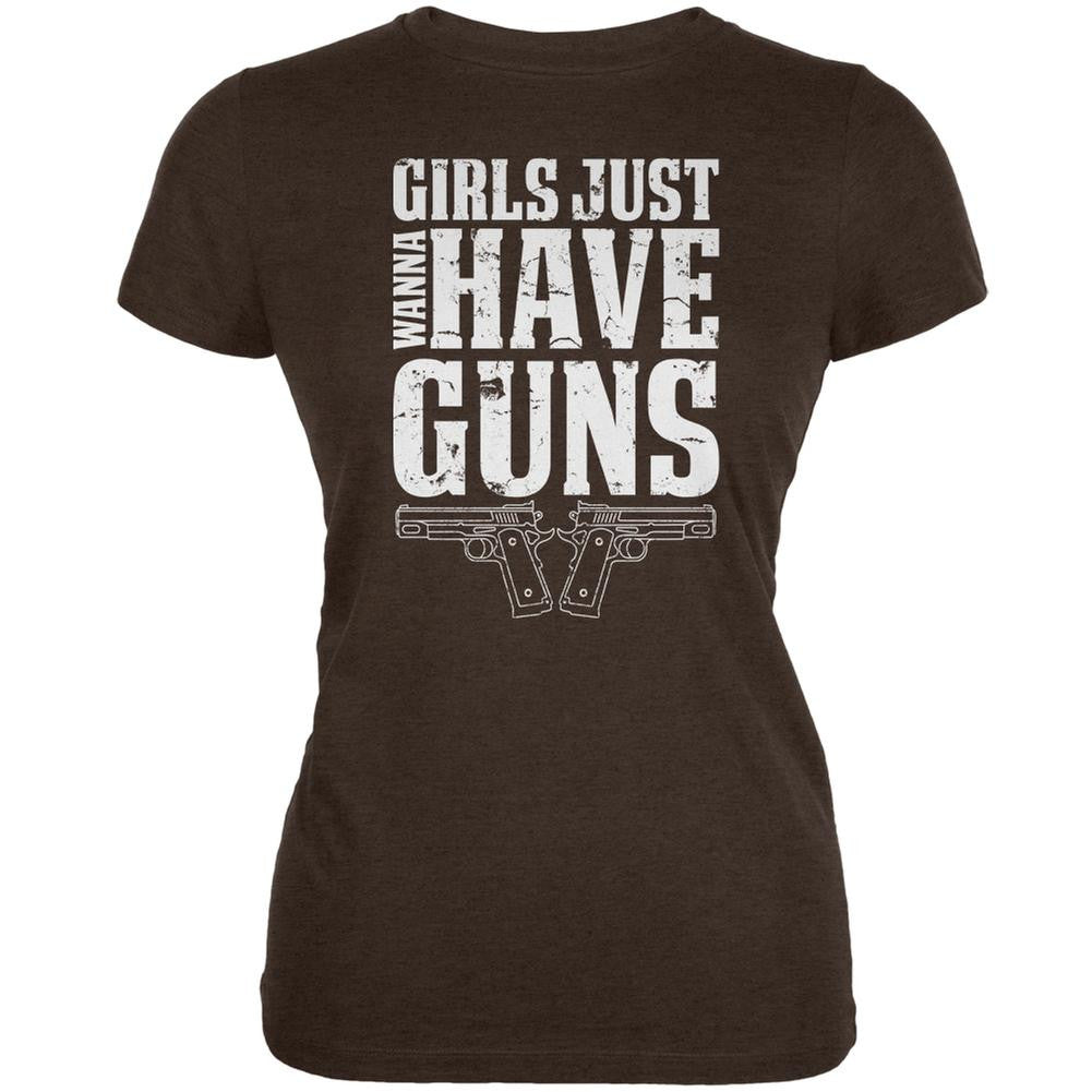 Girls Just Wanna Have Guns Heather Brown Juniors Soft T-Shirt Juniors T-Shirts Old Glory 2XL Brown 