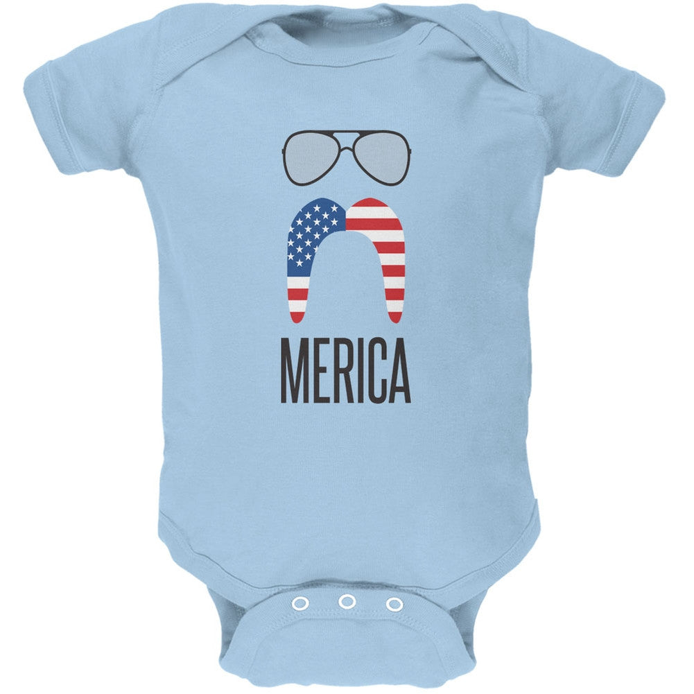 4th of July Merica Sunglasses and Mustache Light Blue Soft Baby One Piece Baby One Piece Old Glory 0-3M Light Blue 