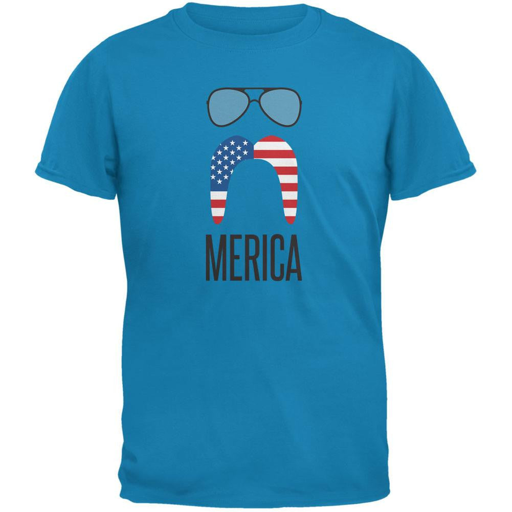 4th of July Merica Sunglasses and Mustache Sapphire Blue Adult T-Shirt Men's T-Shirts Old Glory   