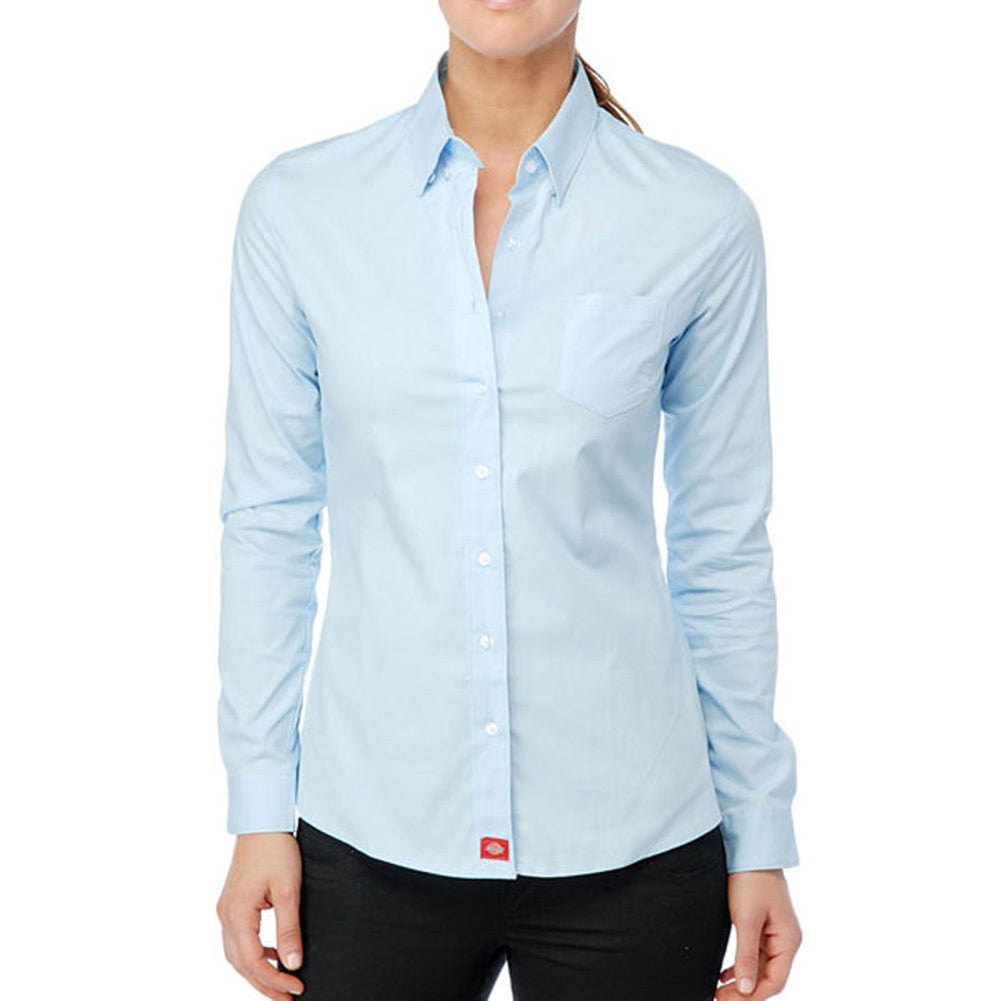 Dickies Girl - Poplin Baby Blue Juniors Long Sleeve Button-Up Juniors Button-Ups Dickies Girl MD Light Blue 