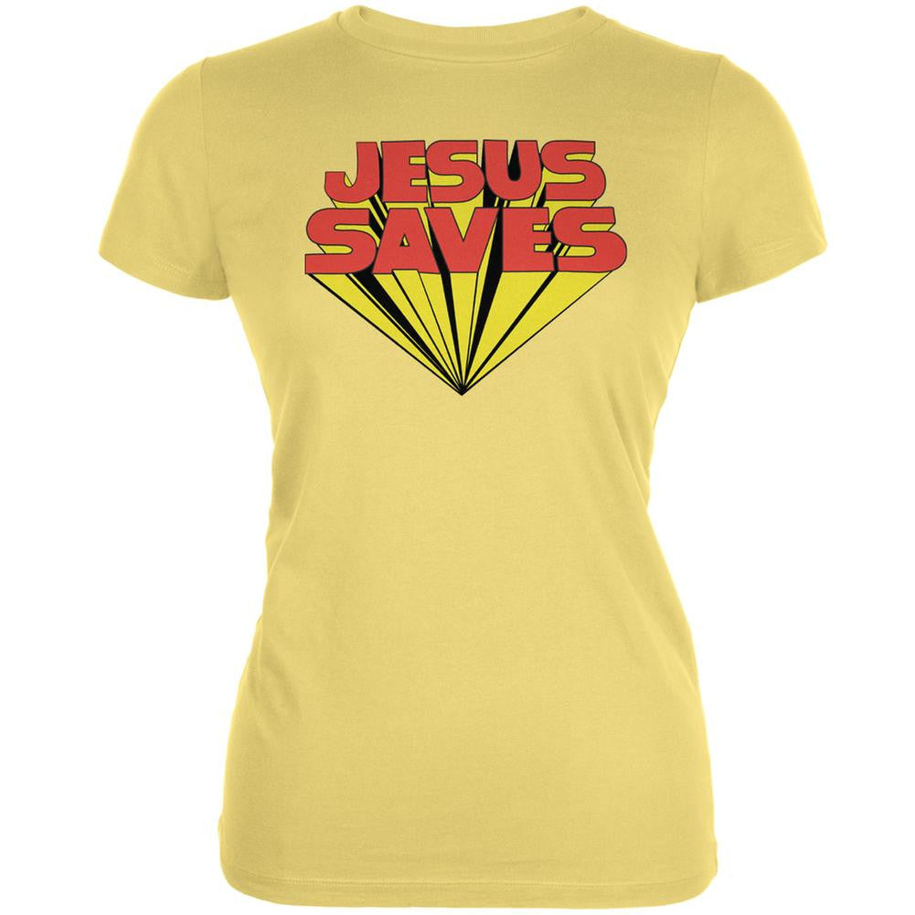 Jesus Saves Inspired By Keith Moon Yellow Juniors Soft T-Shirt Juniors T-Shirts Old Glory LG Yellow 