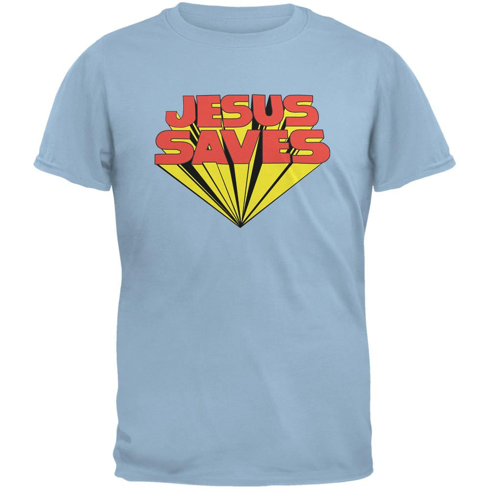 Jesus Saves Inspired By Keith Moon Light Blue Adult T-Shirt Men's T-Shirts Old Glory 2XL Blue 