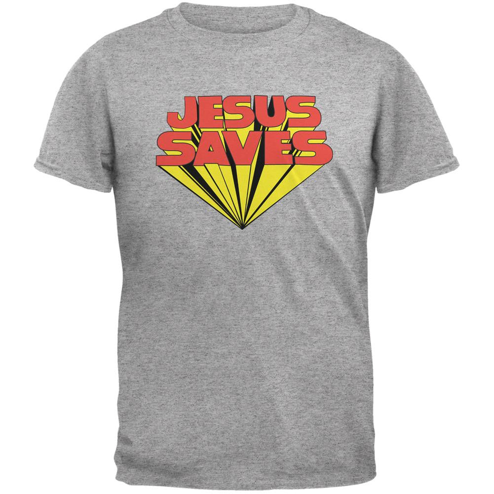 Jesus Saves Inspired By Keith Moon Heather Grey Adult T-Shirt Men's T-Shirts Old Glory 2XL Grey 