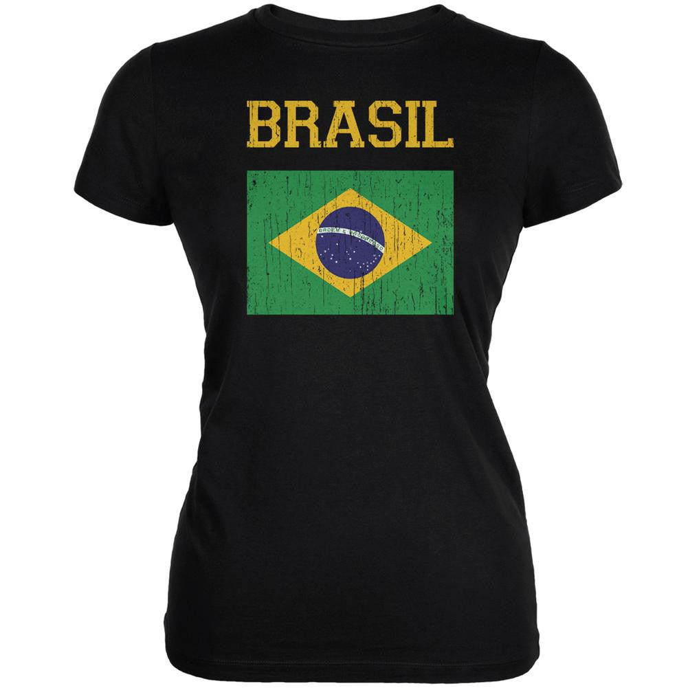 World Cup Distressed Flag Brasil Black Juniors Soft T-Shirt Juniors T-Shirts FIFA 2XL Black 