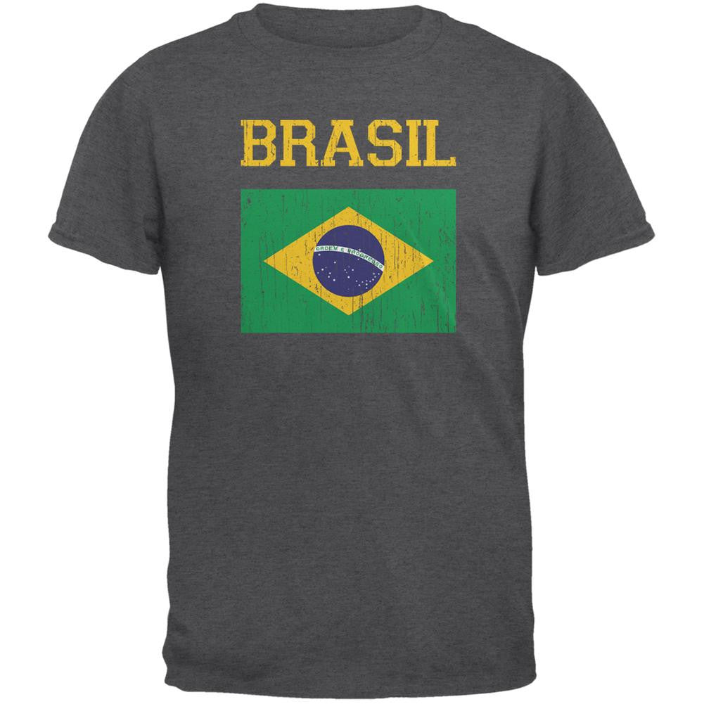 World Cup Distressed Flag Brasil Dark Heather Adult T-Shirt Men's T-Shirts FIFA 2XL Grey 