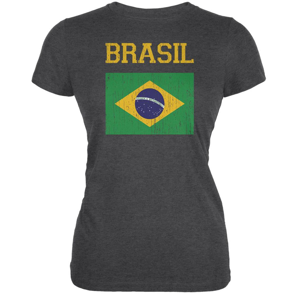 World Cup Distressed Flag Brasil Dark Heather Juniors Soft T-Shirt Juniors T-Shirts FIFA 2XL Grey 