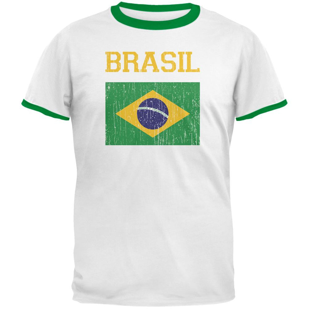 World Cup Distressed Flag Brasil White/Kelly Men's Ringer T-Shirt Men's T-Shirts FIFA 2XL Multi 