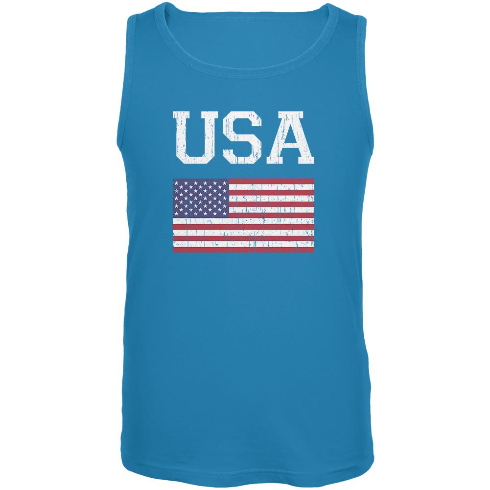 World Cup Distressed Flag USA Turquoise Adult Tank Top Men's Tank Tops World Cup LG Blue 