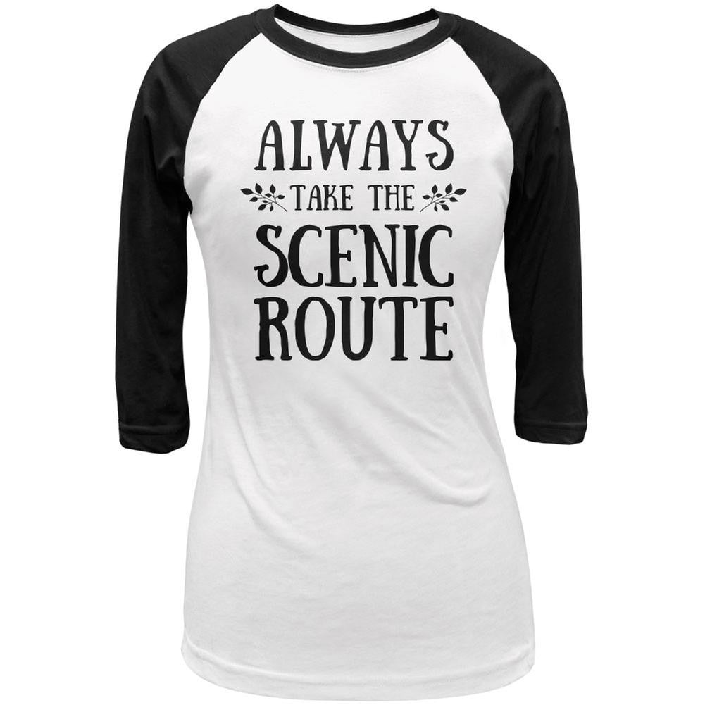 Hiking Always Take the Scenic Route White/Black Juniors 3/4 Sleeve Raglan T-Shirt Juniors Raglans Old Glory LG Multi 