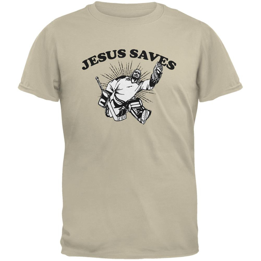 Jesus Saves Hockey Sand Adult T-Shirt Men's T-Shirts Old Glory 2XL Beige 