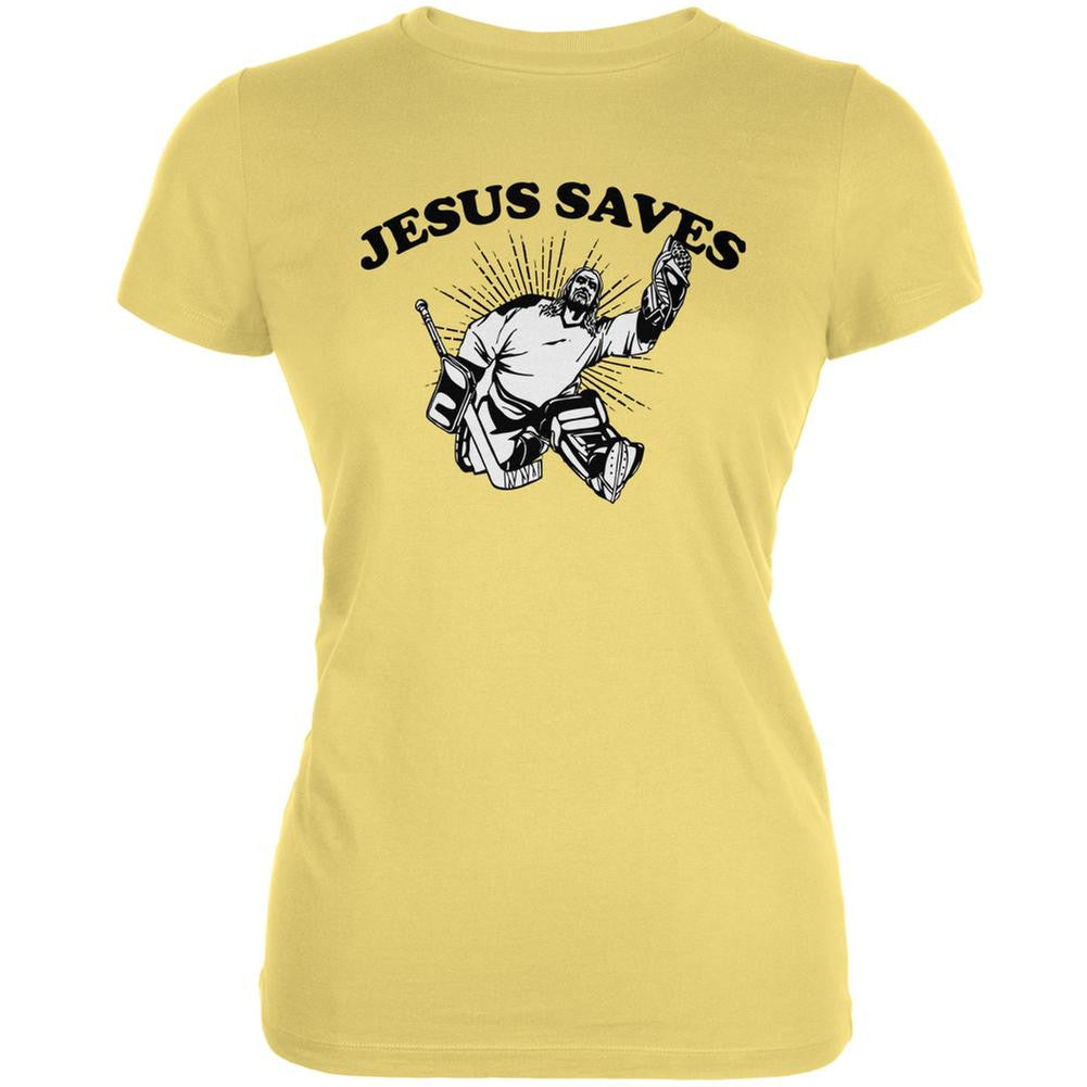 Jesus Saves Hockey Yellow Juniors Soft T-Shirt Juniors T-Shirts Old Glory LG Yellow 