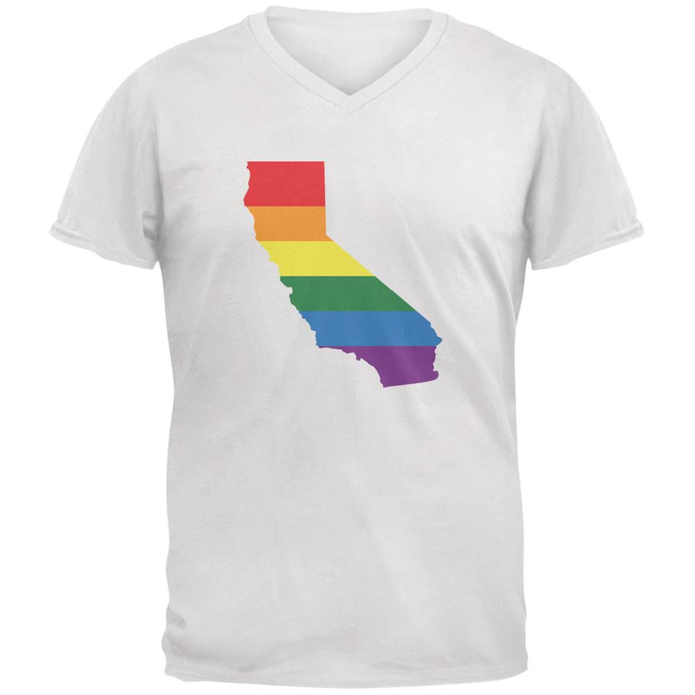 California LGBT Gay Pride Rainbow White Adult V-Neck T-Shirt Men's T-Shirts Old Glory 2XL White 