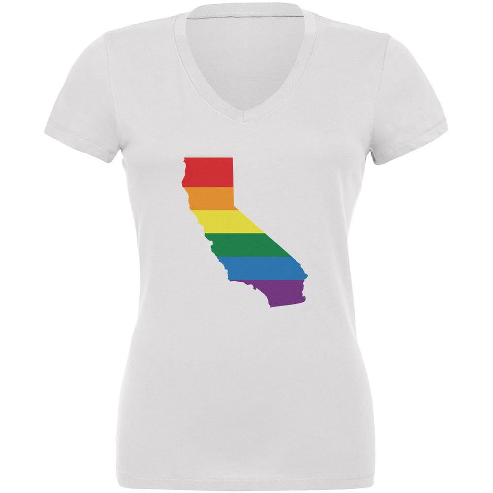 California LGBT Gay Pride Rainbow White Juniors V-Neck T-Shirt Juniors V-Neck T-Shirts Old Glory 2XL White 