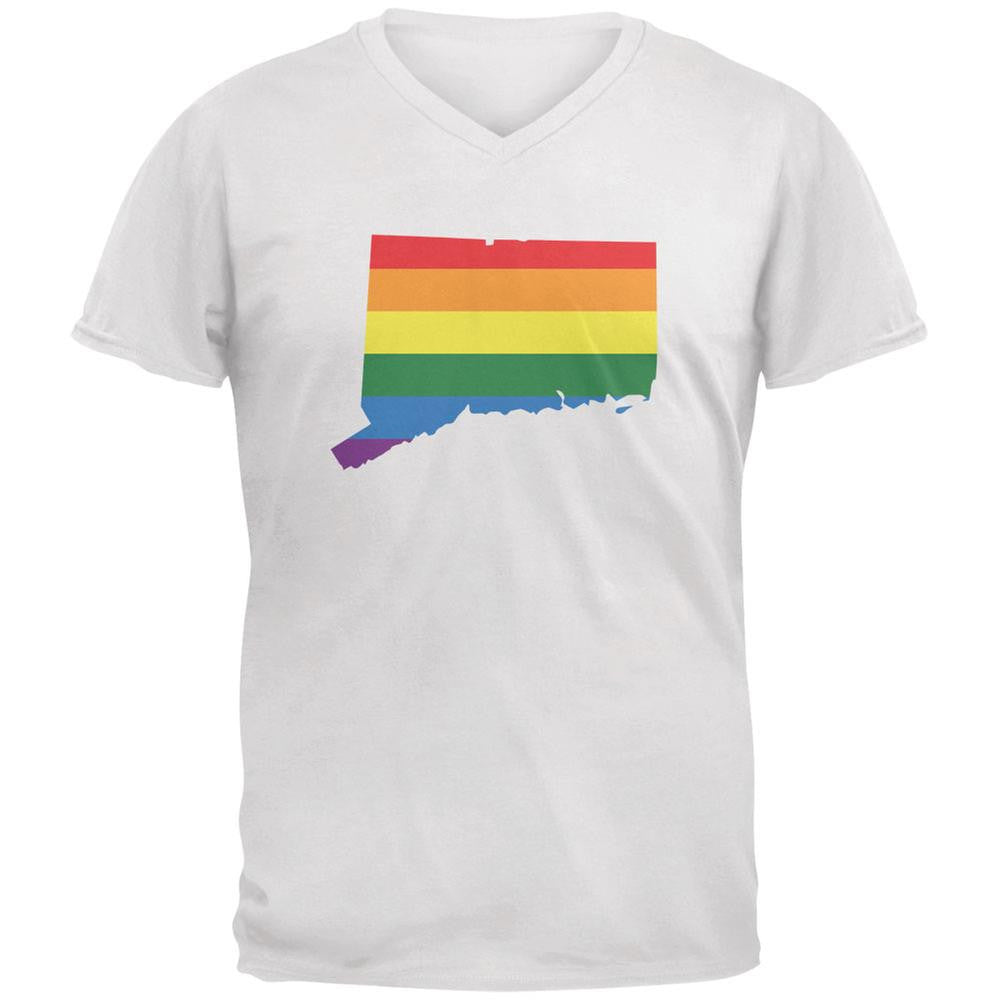 Connecticut LGBT Gay Pride Rainbow White Adult V-Neck T-Shirt Men's T-Shirts Old Glory 2XL White 