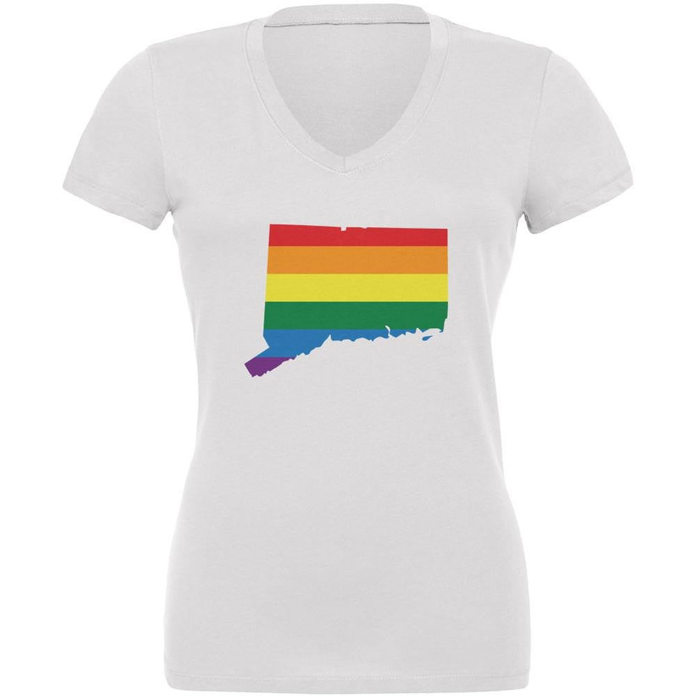 Connecticut LGBT Gay Pride Rainbow White Juniors V-Neck T-Shirt Juniors V-Neck T-Shirts Old Glory 2XL White 