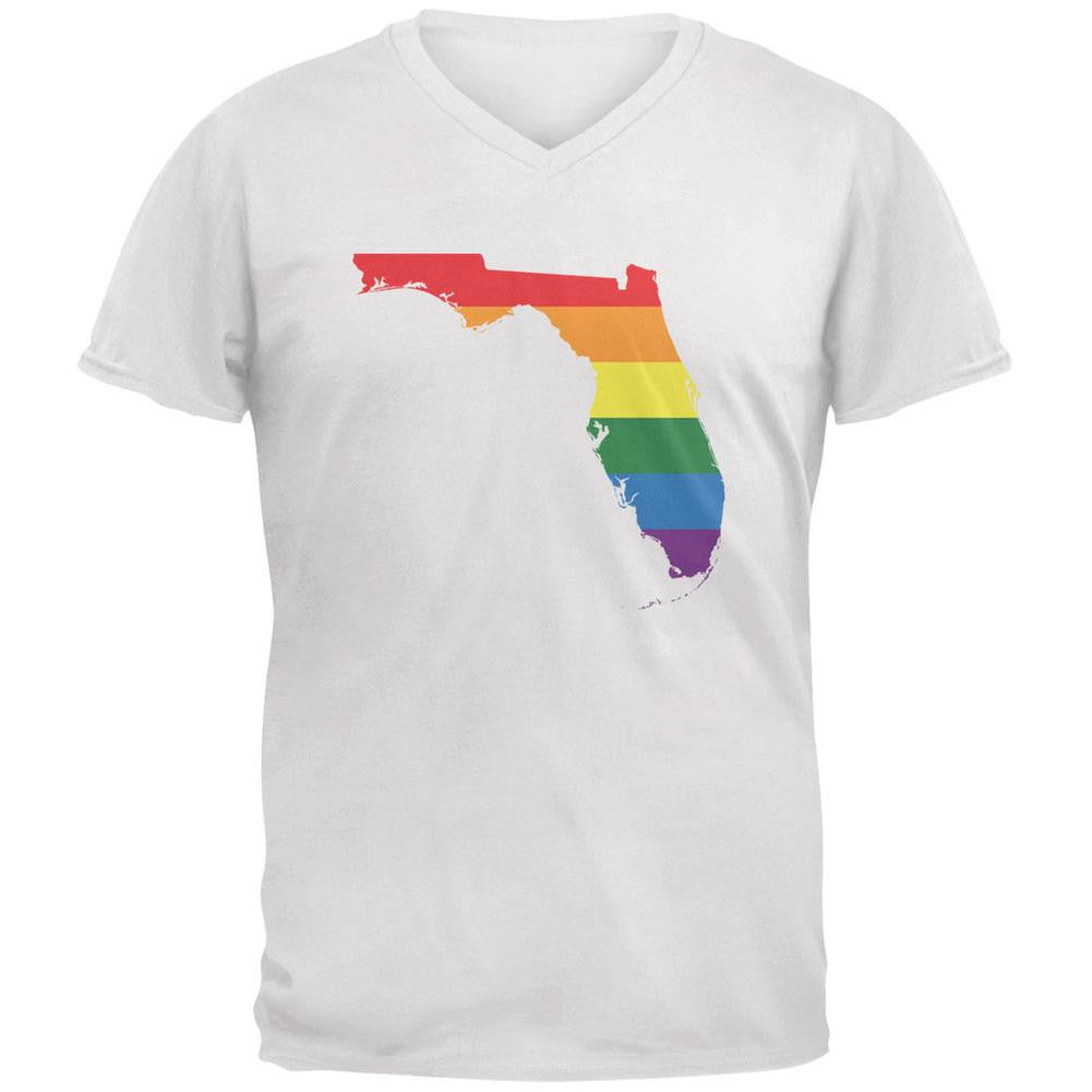 Florida LGBT Gay Pride Rainbow White Adult V-Neck T-Shirt Men's T-Shirts Old Glory 2XL White 