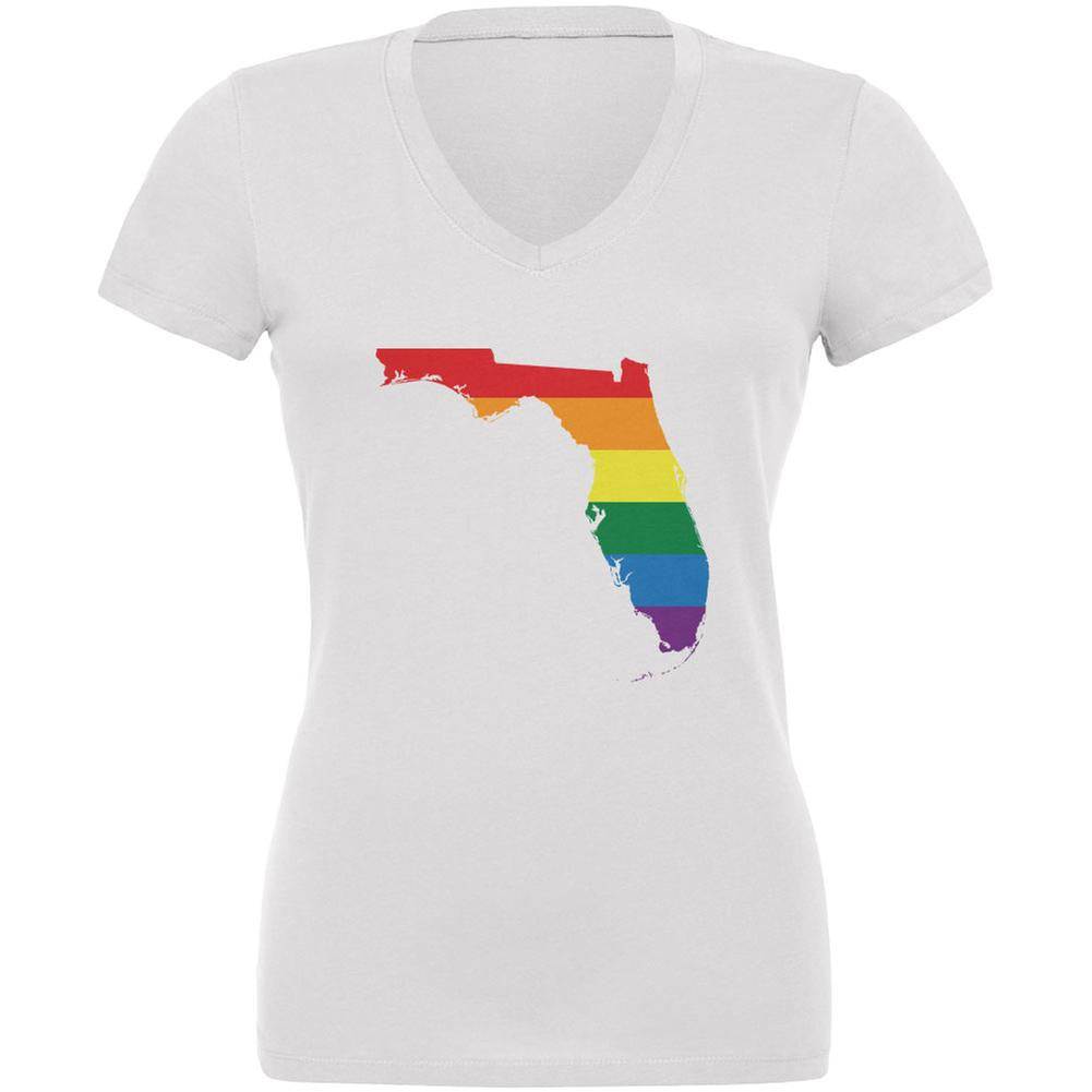 Florida LGBT Gay Pride Rainbow White Juniors V-Neck T-Shirt Juniors V-Neck T-Shirts Old Glory 2XL White 