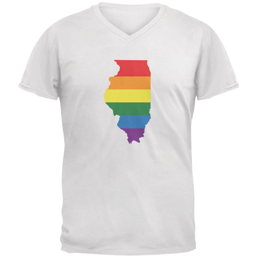 Illinois LGBT Gay Pride Rainbow White Adult V-Neck T-Shirt Men's T-Shirts Old Glory 2XL White 