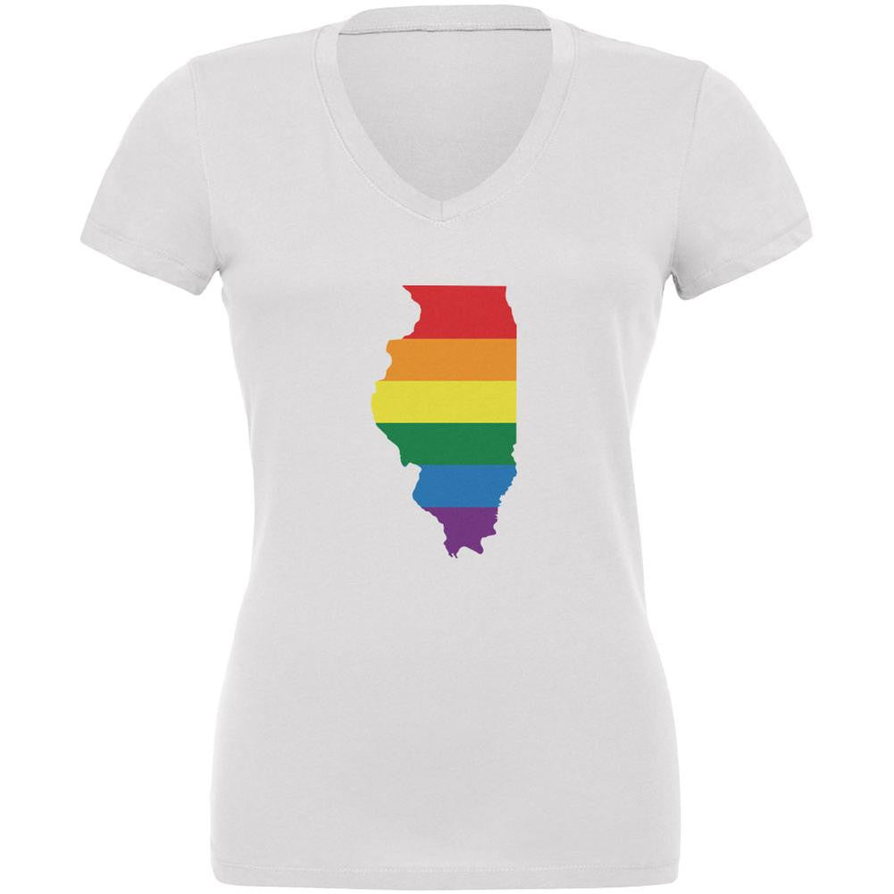 Illinois LGBT Gay Pride Rainbow White Juniors V-Neck T-Shirt Juniors V-Neck T-Shirts Old Glory 2XL White 