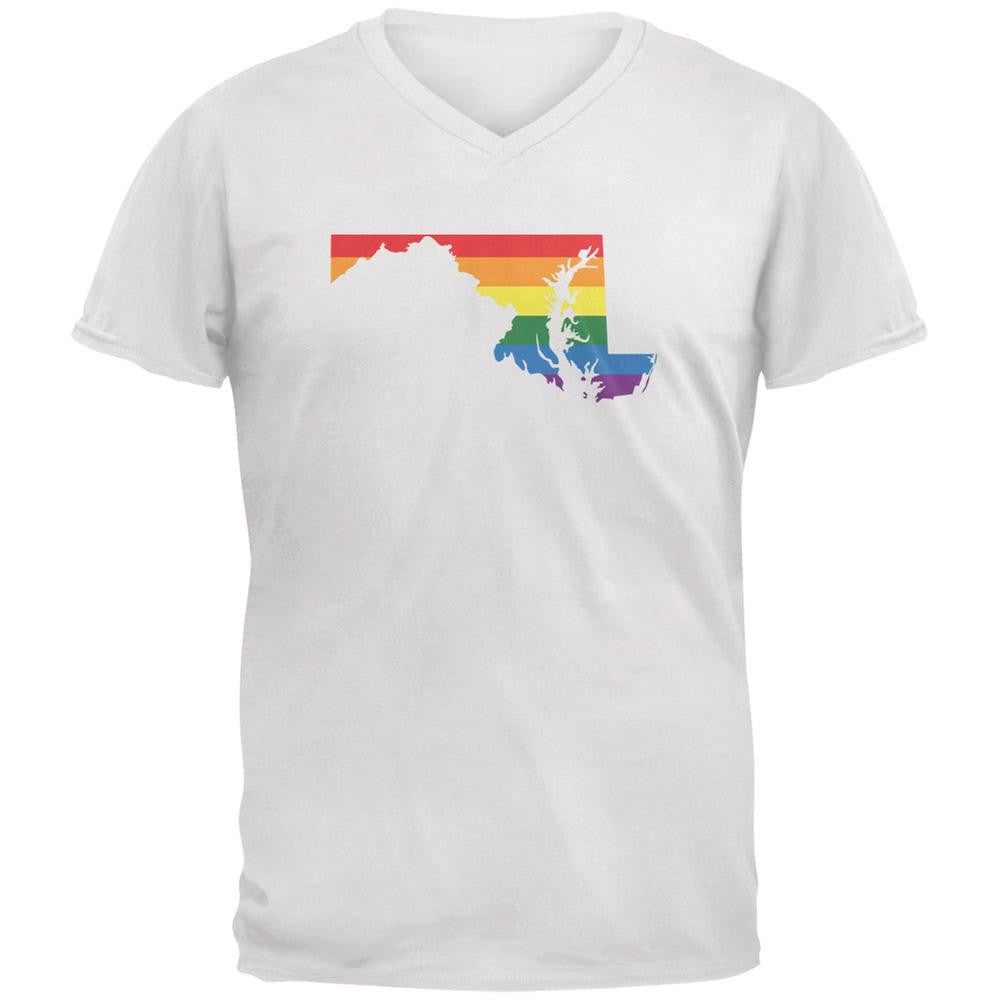 Maryland LGBT Gay Pride Rainbow White Adult V-Neck T-Shirt Men's T-Shirts Old Glory 2XL White 