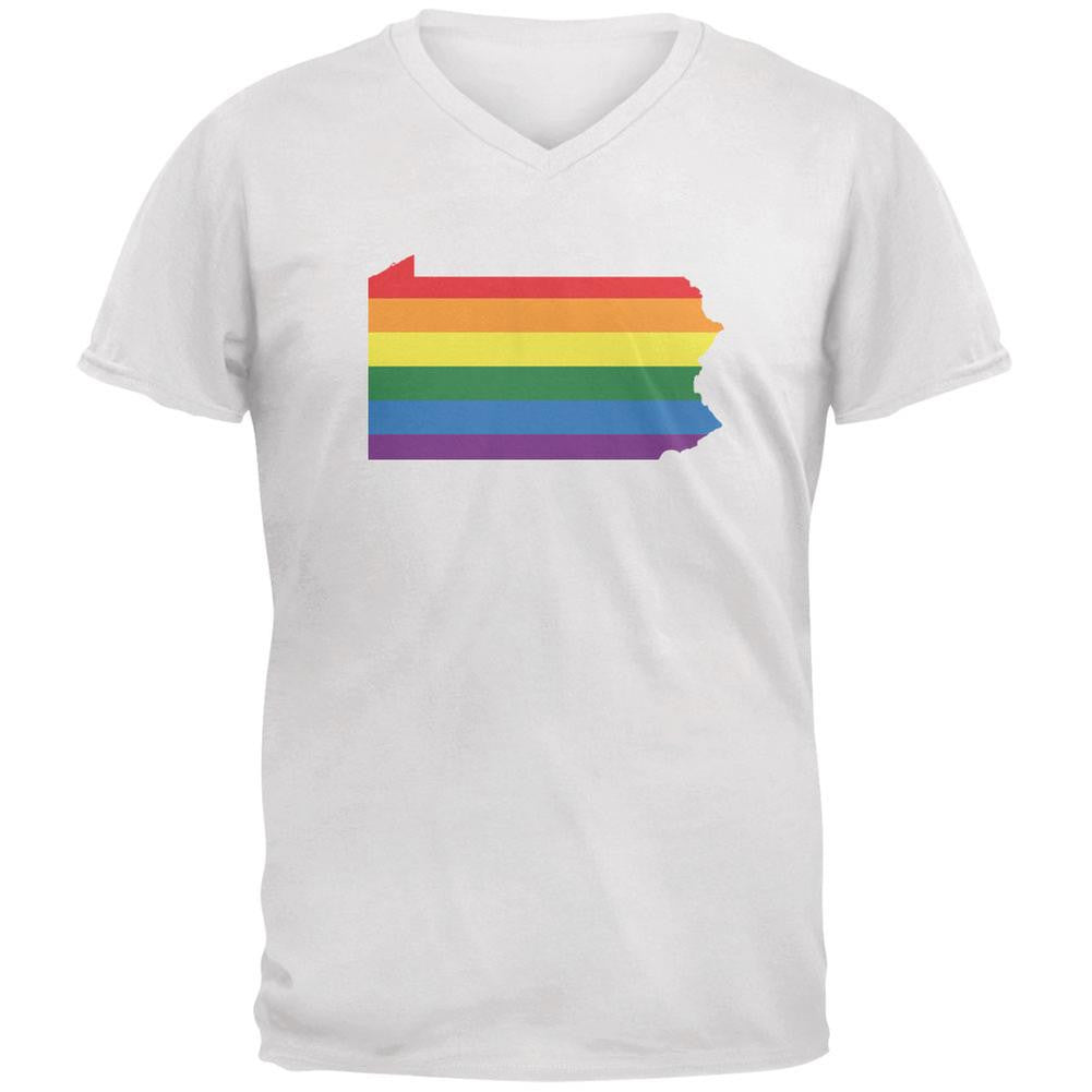 Pennsylvania LGBT Gay Pride Rainbow White Adult V-Neck T-Shirt Men's T-Shirts Old Glory 2XL White 