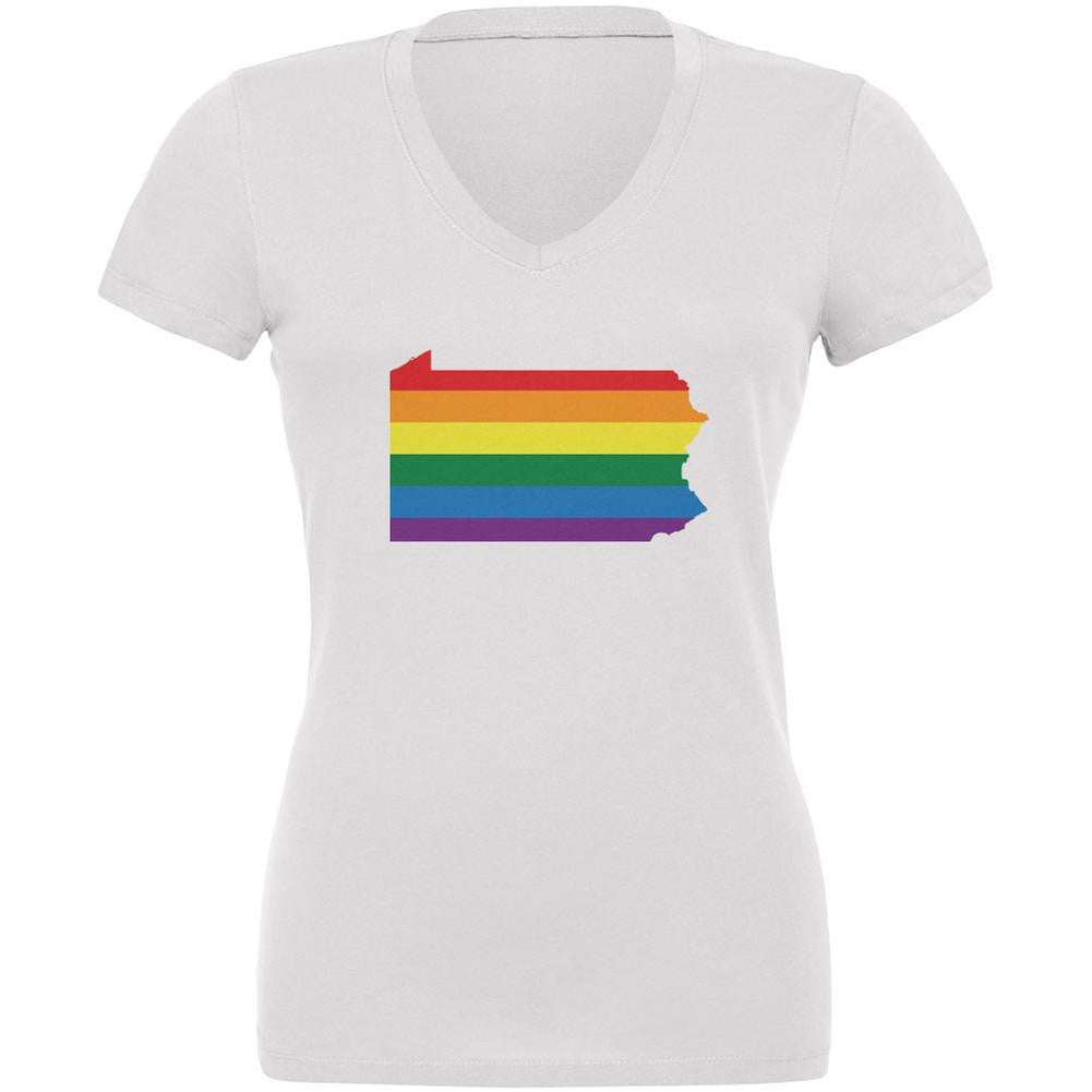 Pennsylvania LGBT Gay Pride Rainbow White Juniors V-Neck T-Shirt Juniors V-Neck T-Shirts Old Glory 2XL Multi 