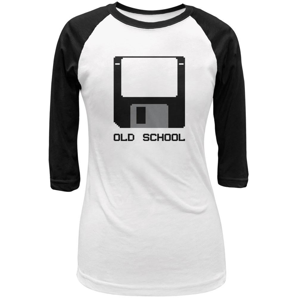 Floppy Disc Old School 8 Bit White/Black Juniors 3/4 Sleeve Raglan T-Shirt Juniors Raglans Old Glory LG Multi 