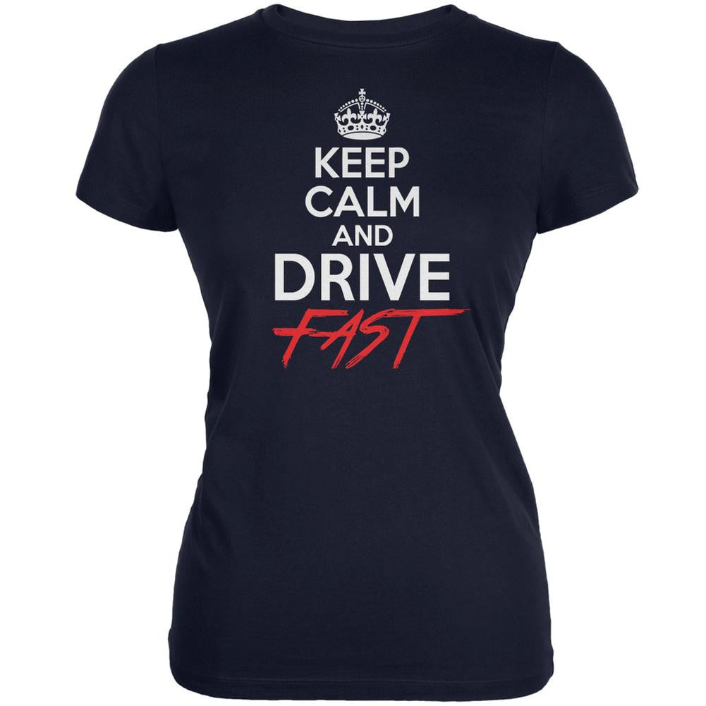 Keep Calm Drive Fast Navy Juniors Soft T-Shirt Juniors T-Shirts Old Glory 2XL Blue 