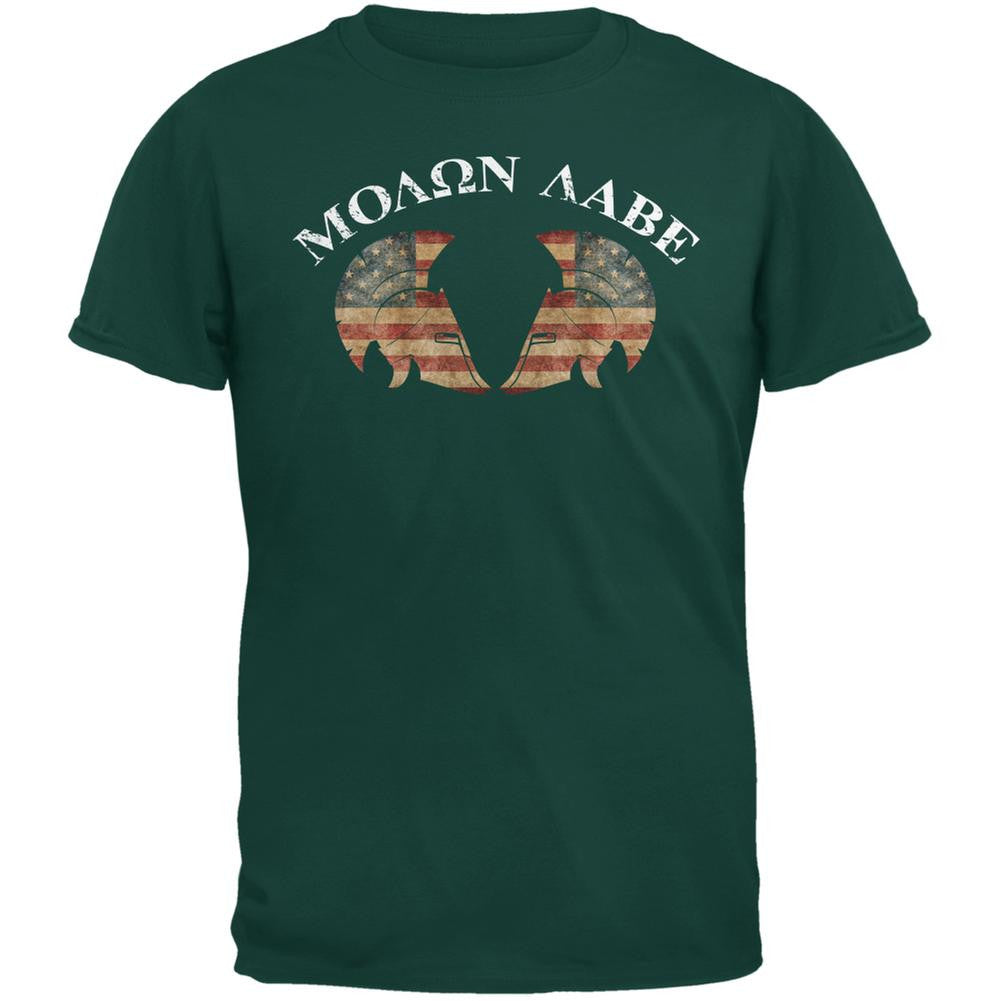 Molon Labe Dual American Helmet Forest Green Adult T-Shirt Men's T-Shirts Old Glory 2XL Green 