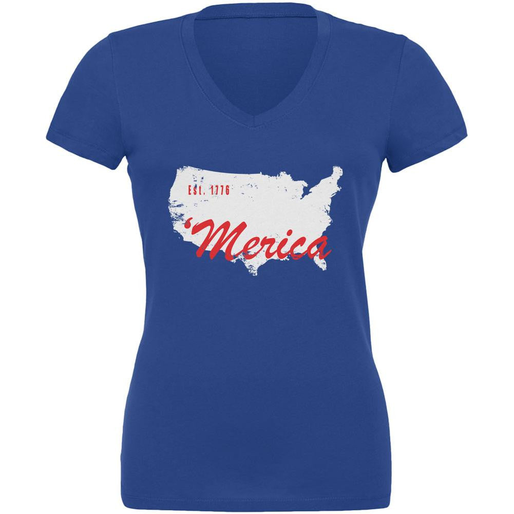 4th of July 'Merica Est 1776 Royal Juniors V-Neck T-Shirt Juniors V-Neck T-Shirts Old Glory 2XL Blue 