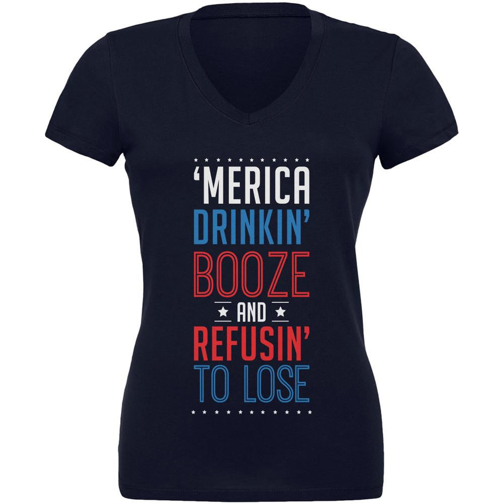 4th of July 'Merica Drinkin Booze Navy Juniors V-Neck T-Shirt Juniors V-Neck T-Shirts Old Glory 2XL Blue 