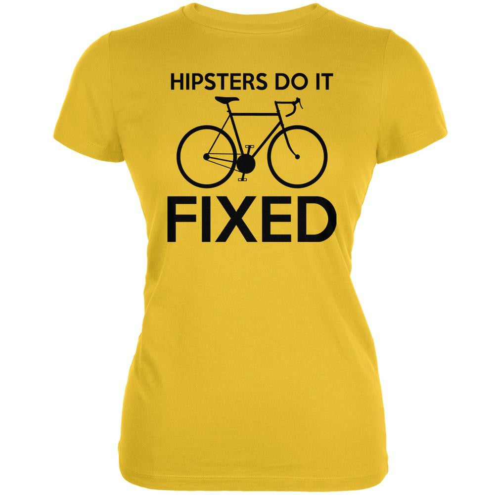 Hipsters Do It Fixed Bright Yellow Juniors Soft T-Shirt Juniors T-Shirts Old Glory 2XL Yellow 