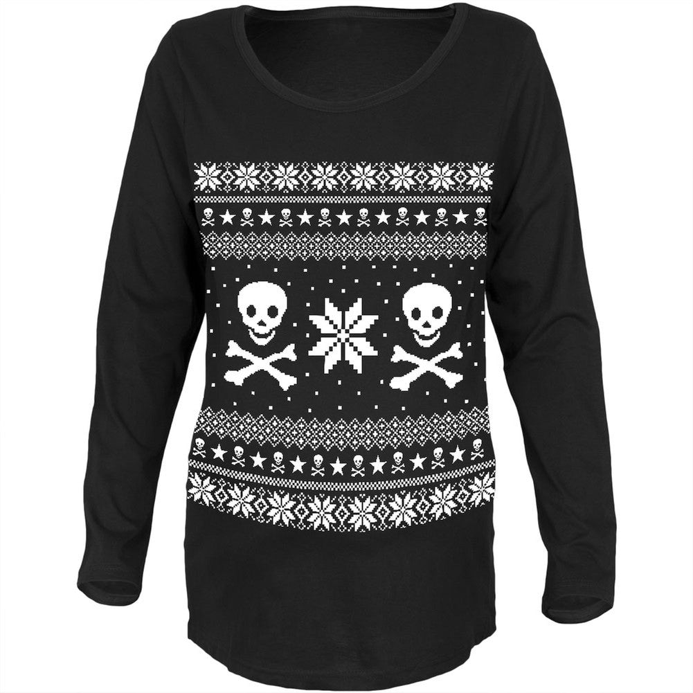 Skull & Crossbones Ugly Christmas Sweater Black Maternity Soft Long Sleeve T-Shirt Maternity Long Sleeve T-Shirts Old Glory   