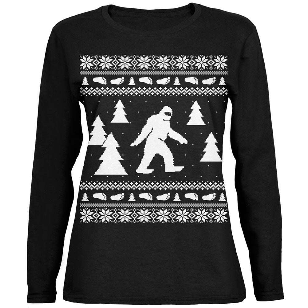 Sasquatch Ugly Christmas Sweater Black Ladies Long Sleeve T-Shirt Women's Long Sleeves Old Glory   